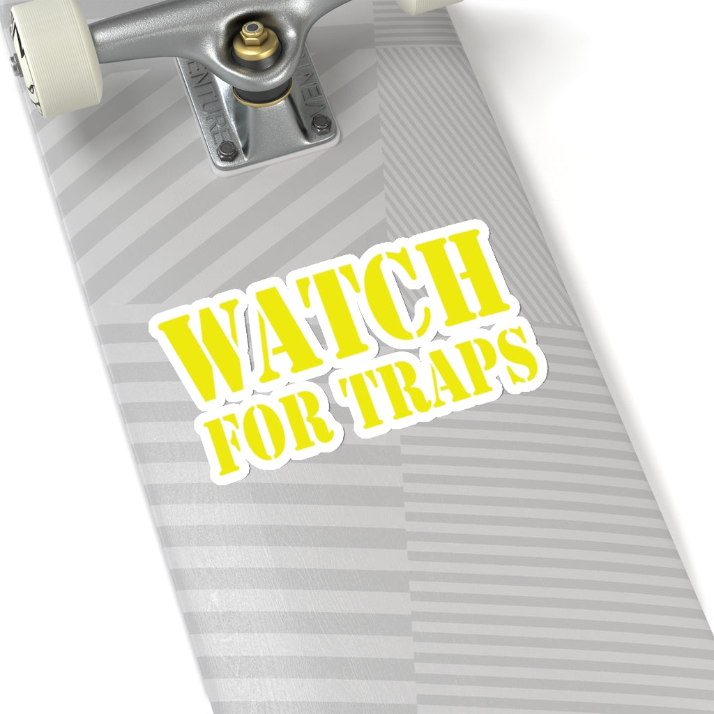 Watch For Traps Sticker Yellow - Fishing Safety Decal 4 Sizes
