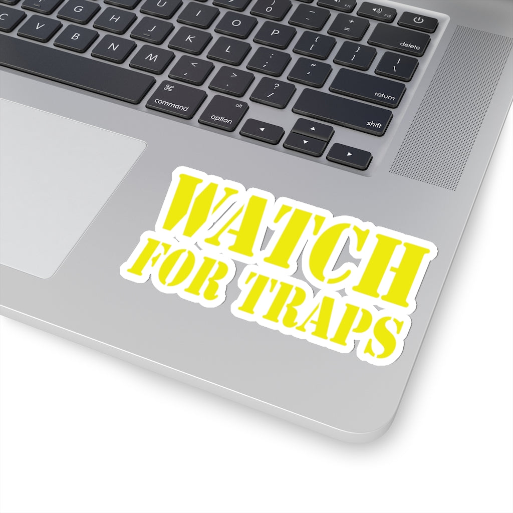 Watch For Traps Sticker Yellow - Fishing Safety Decal 4 Sizes