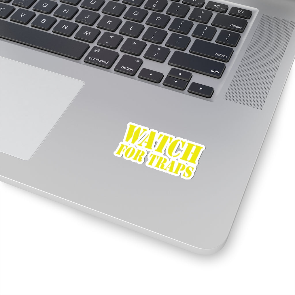 Watch For Traps Sticker Yellow - Fishing Safety Decal 4 Sizes