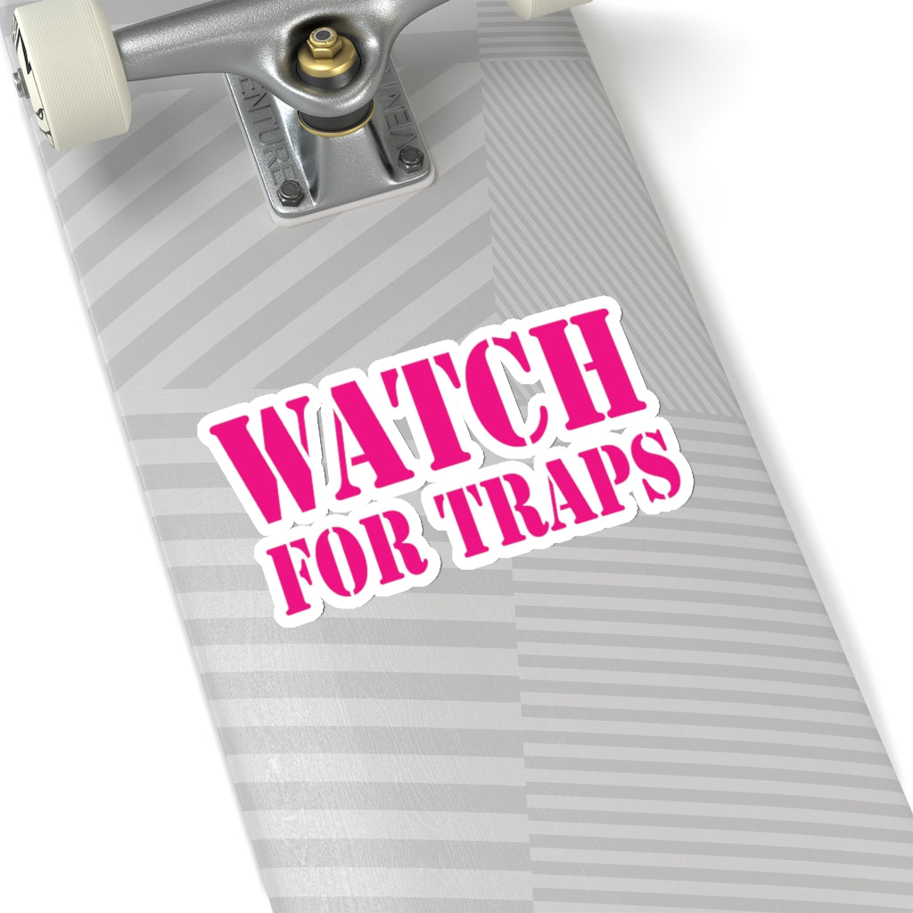 Watch For Traps Sticker Magenta - Fishing Safety Decal 4 Sizes