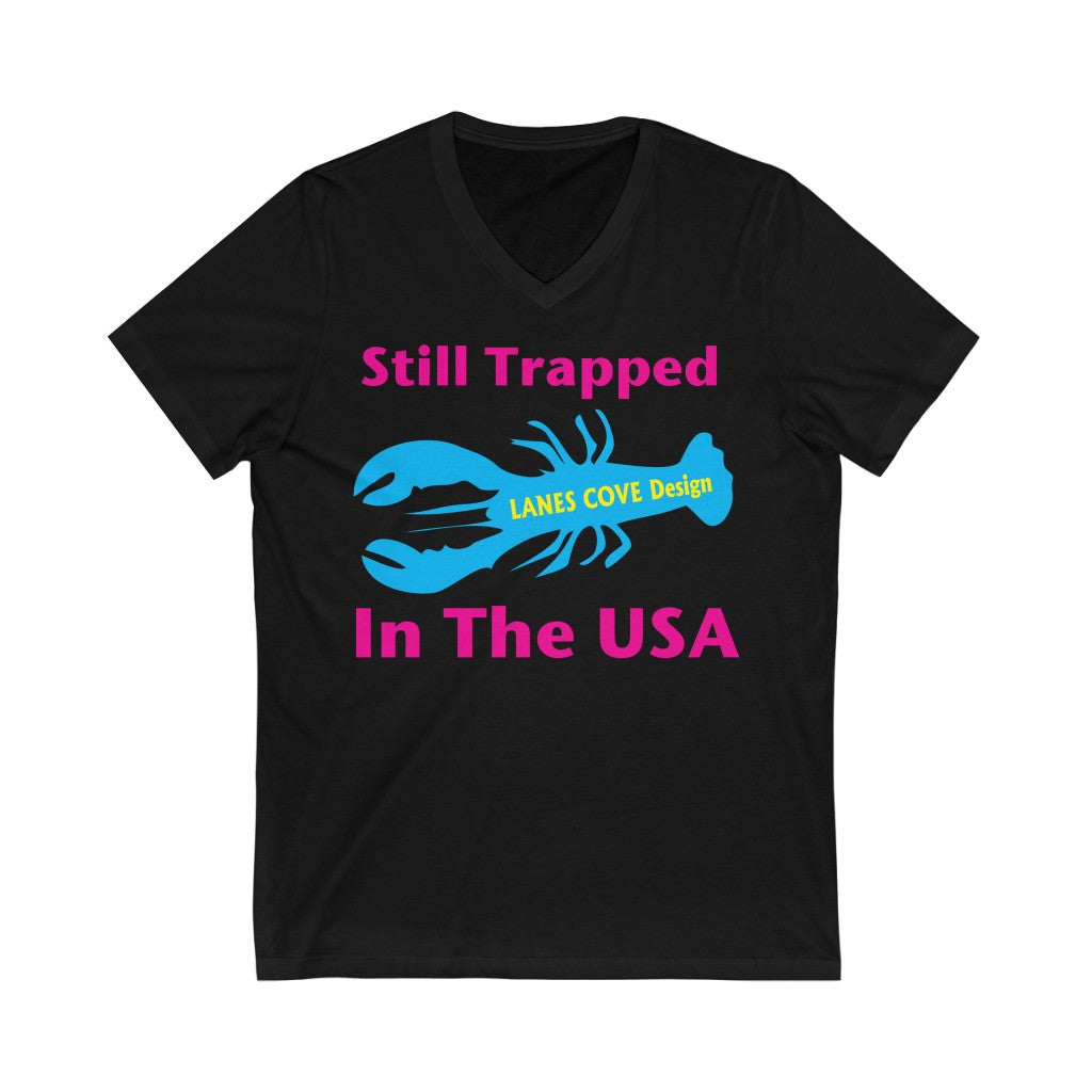 Still Trapped In The USA CMYK V-Neck - Unisex Soft Cotton Tee