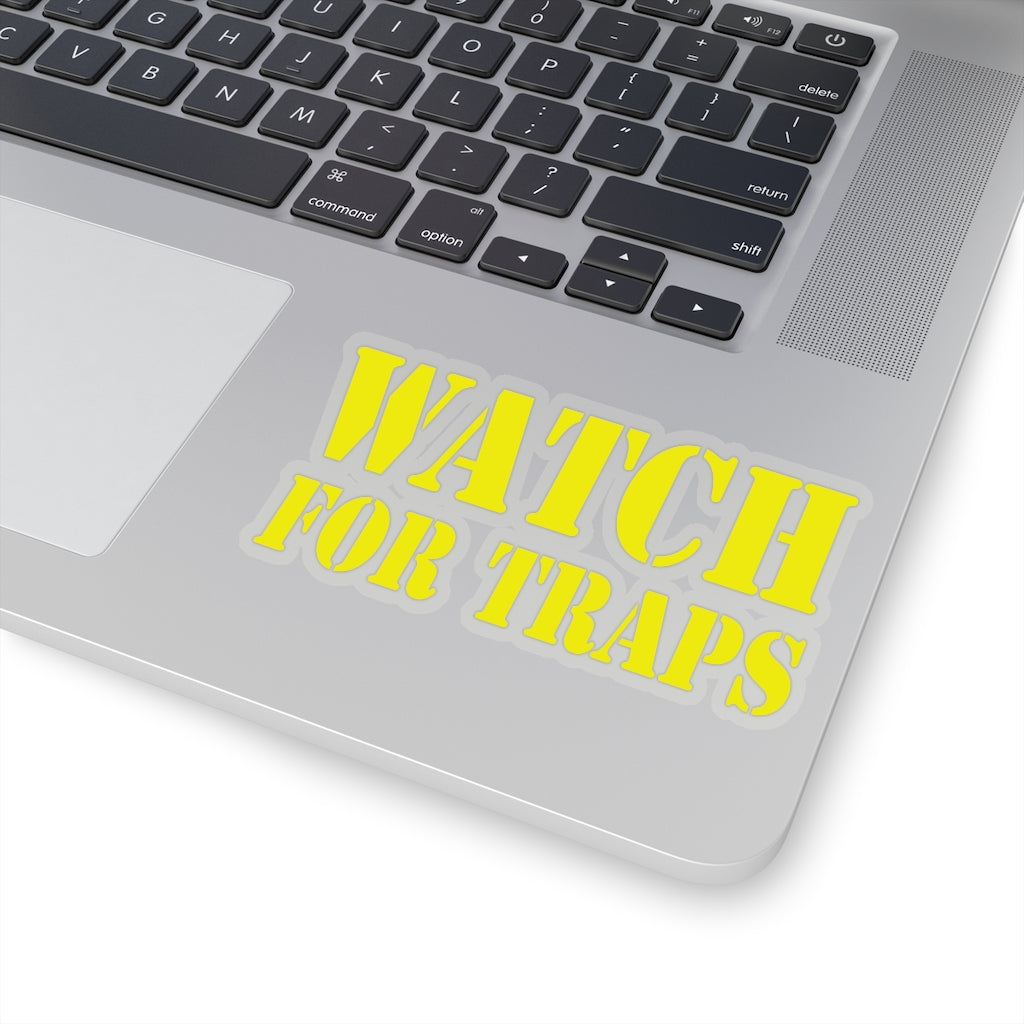 Watch For Traps Sticker Yellow - Fishing Safety Decal 4 Sizes