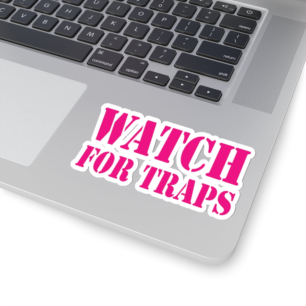 Watch For Traps Sticker Magenta - Fishing Safety Decal 4 Sizes